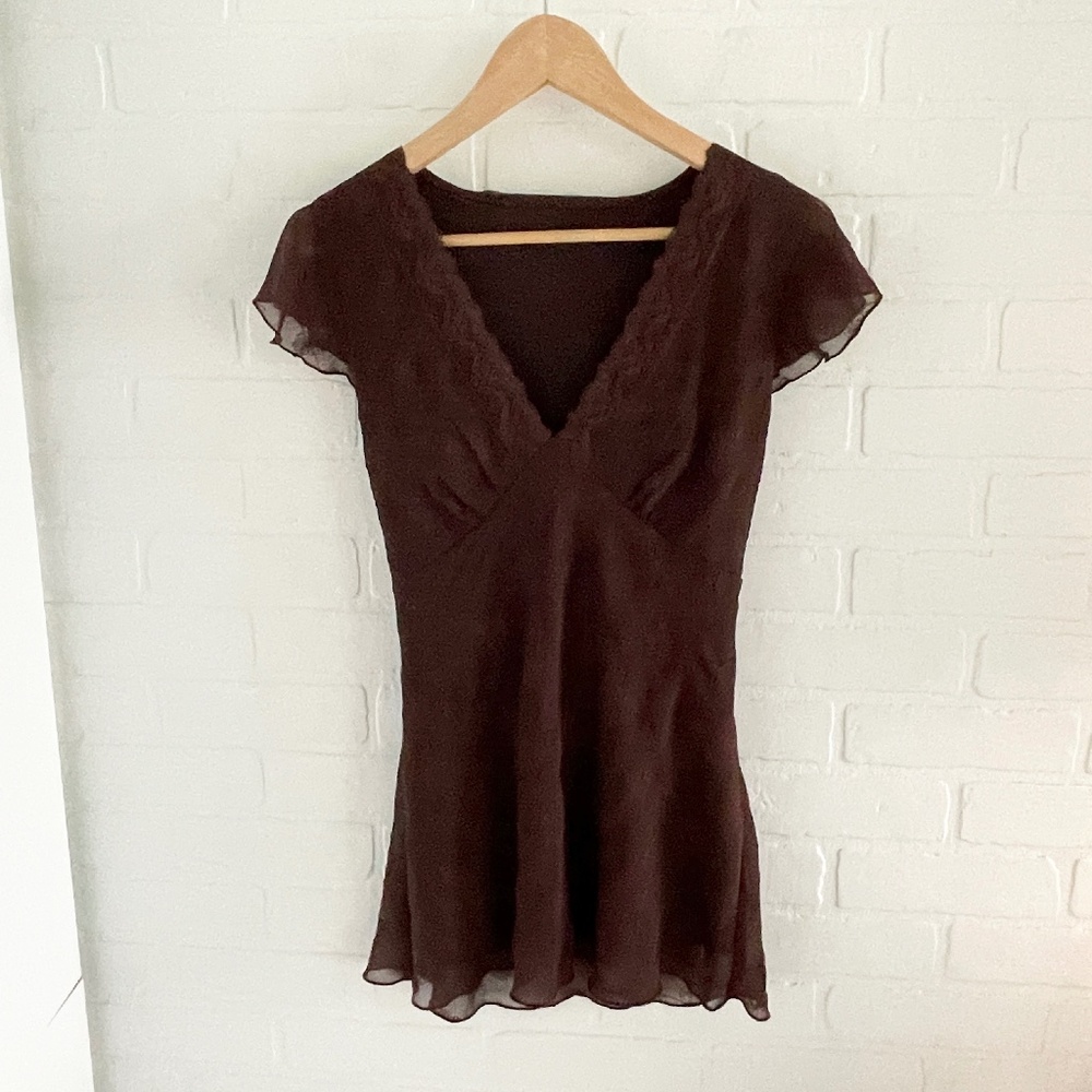 Y2K Mesh Top Medium Brown Boho Babydoll Fairy Grunge Whimsigoth Empire Waist M